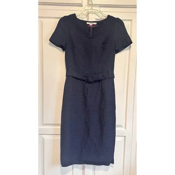 Boden Size 4 Pencil Dress Belted Midi Swiss Dots Navy Blue Classic Preppy - Picture 2 of 16